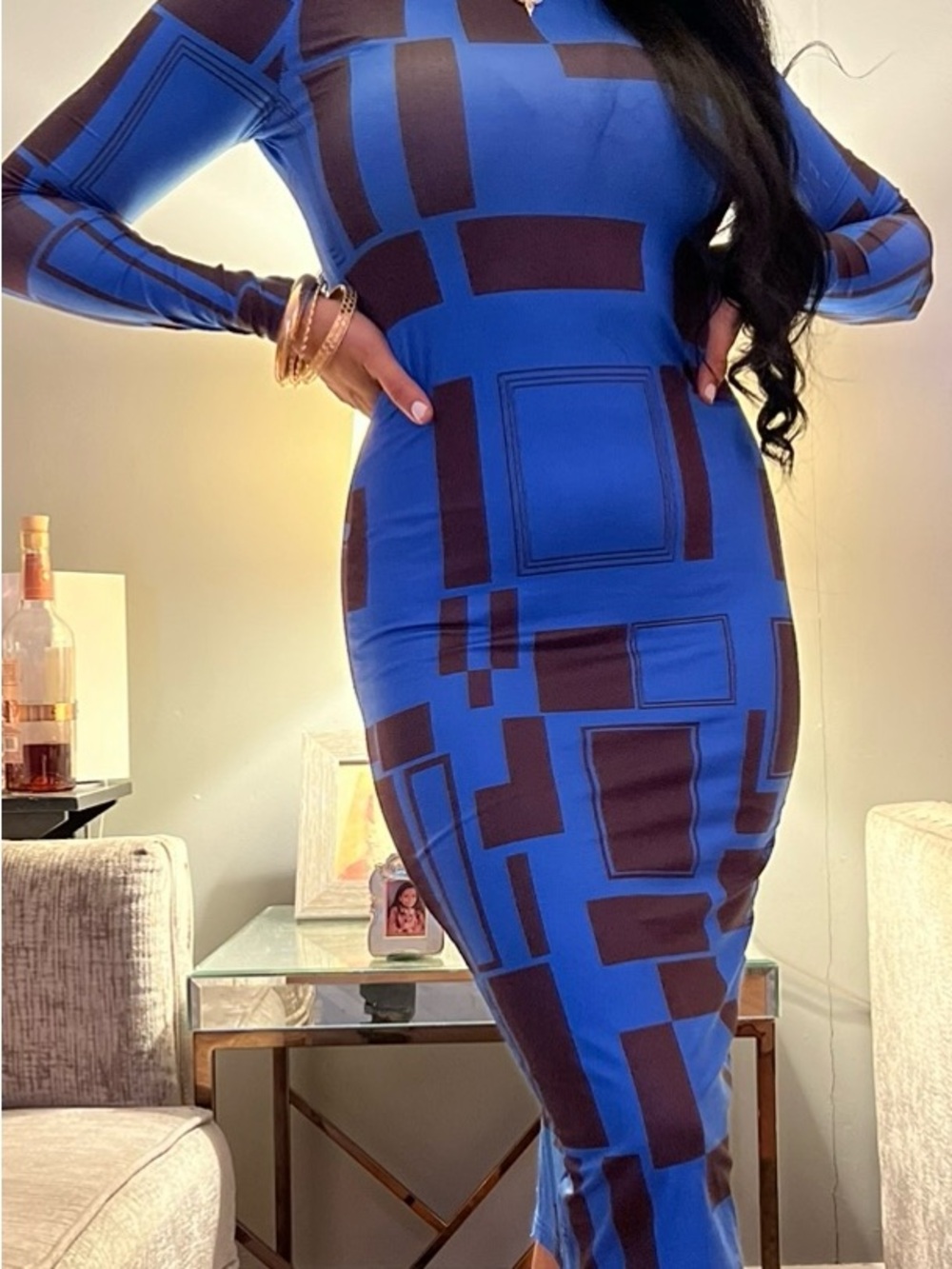 SHEIN Blue and black  Geometric Bodycon Long Sleeve Dress